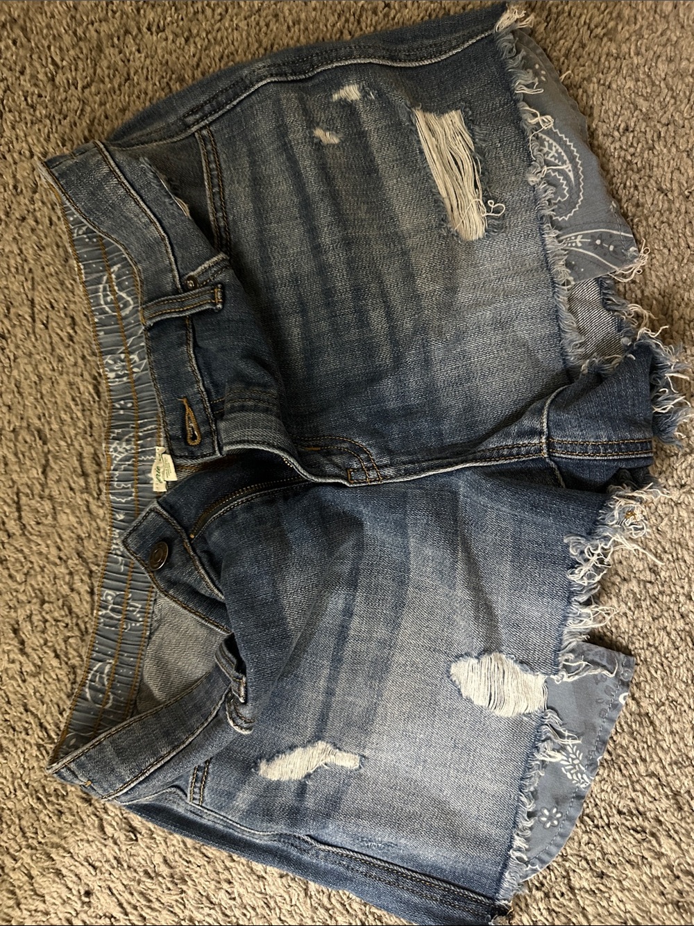 aerie Blue Distressed Denim Shorts with Bandana Trim